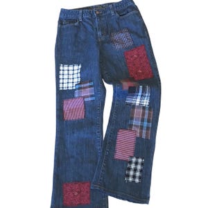 Flannel patchwork jeans women size 8, upcycled distressed denim, plaid patches, college campus outfit, grunge jeans, OOAK funky pants PLPJ
