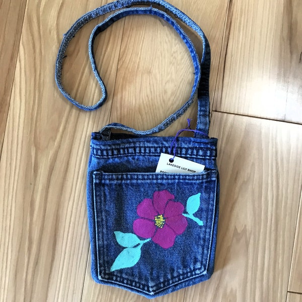 Little girl crossbody jean pocket purse handmade upcycled, sassy soul denim shoulder bag, pansy gift for daughter, cute painted doll pouch