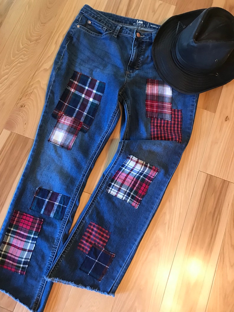 Reworked Plaid Flannel Patch Jeans Size 14 Upcycled Handmade - Etsy
