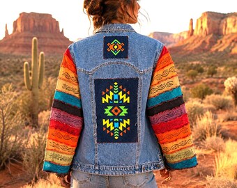 Upcycled Denim Jacket: Hand-Painted Aztec Patches, Rainbow Sleeves (Size M) FBJ