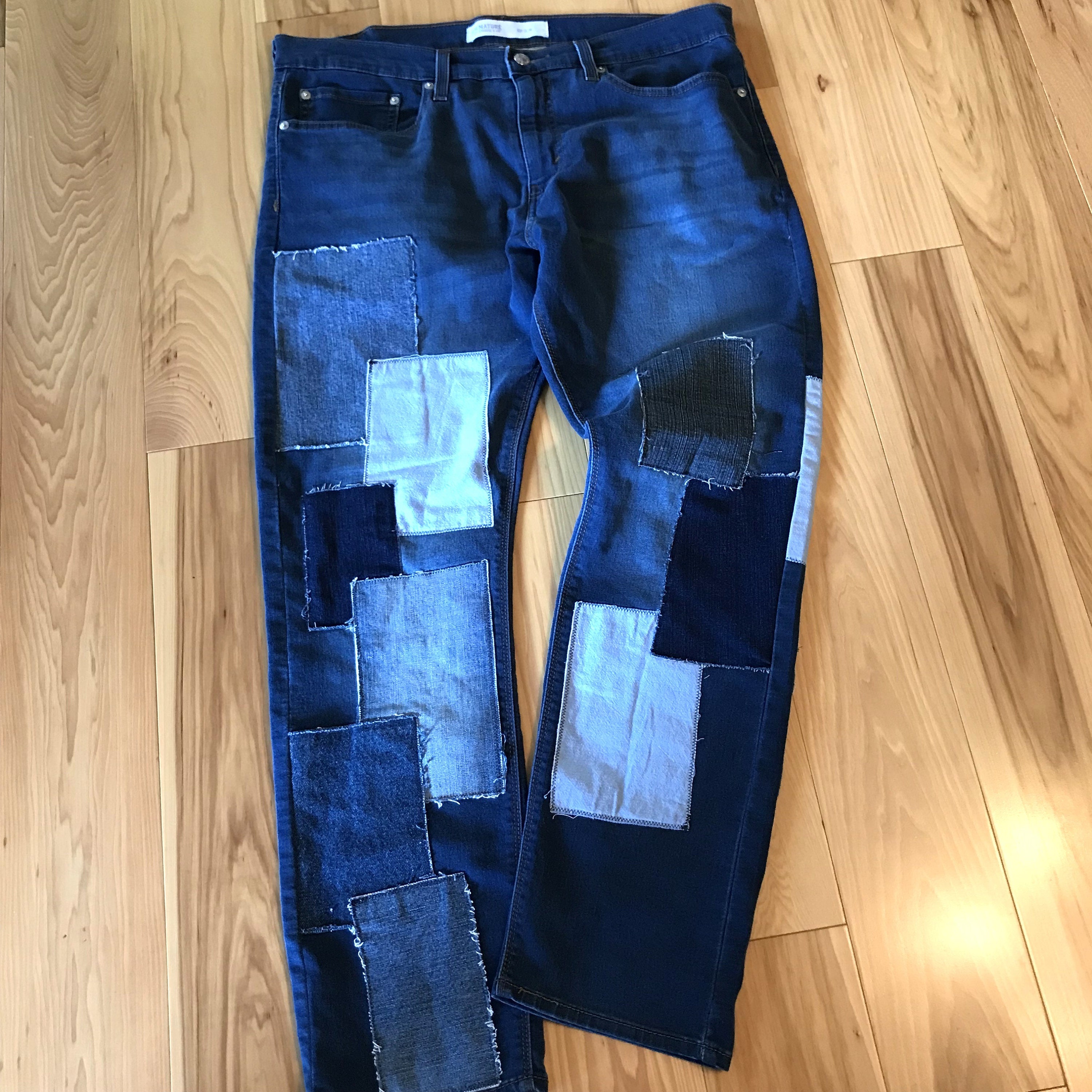 Men's Patchwork Jeans Size 36-30, Upcycled Distressed Denim Men's Patchwork Jeans Size 36-30, Upcycled Distressed Denim