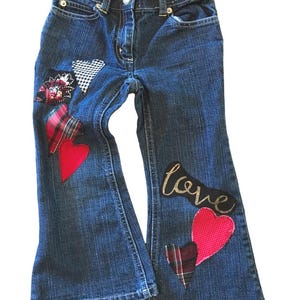 Upcycled Patchwork Jeans, Kids Size 5: Handmade Heart Patches Front and Back