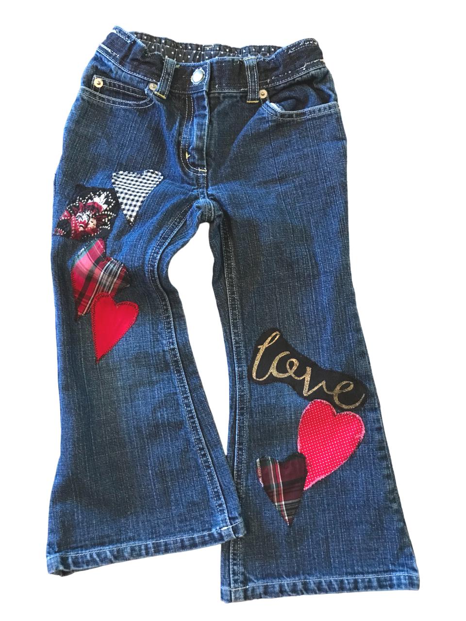 Upcycled Patchwork Jeans, Kids Size 5: Handmade Heart Patches Front and Back