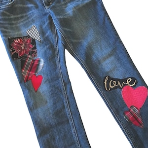 Upcycled Patchwork Jeans, 11 Junior: Handmade Valentine's Heart Love Patches HTPJ
