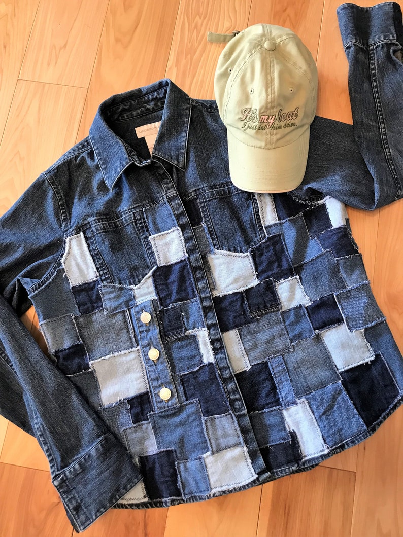 Patchwork Jean Jacket Women's Medium Upcycled, Table Rock Lake Theme With Handmade Denim Patches