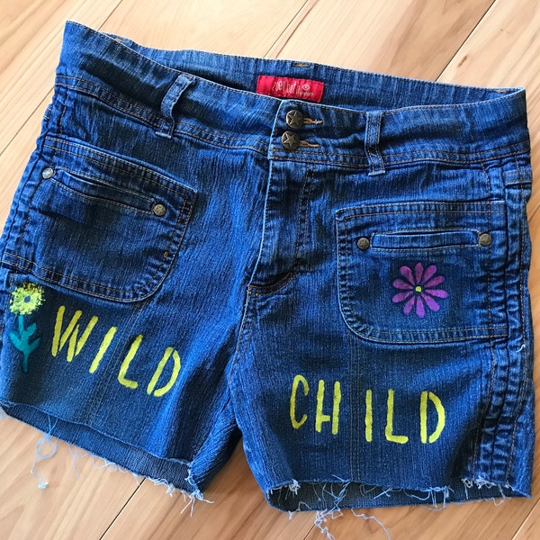 Painted frayed cutoff jean shorts junior size 11-12, Boho hippie wild child embellished fringy raw edges upcycled handmade retro gift for