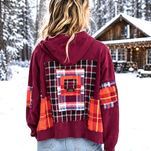 Upcycled Patchwork Hoodie, Size M: Magenta Boho Snap Front Jacket PWH