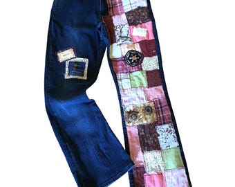 Boho Patch Jeans, Size 12M: Upcycled Vintage Patchwork Pants DDPJ