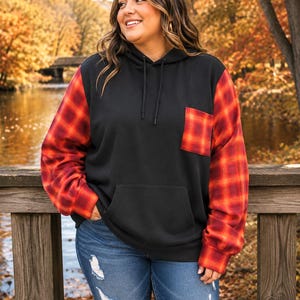 Upcycled Pullover Hoodie, Plus Size XL to 3X: Patchwork Flannel Sweatshirt, Red Plaid PWH