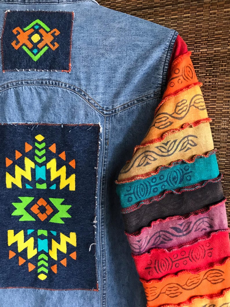 Upcycled Denim Jacket: Hand-painted Aztec Patches, Rainbow Sleeves ...
