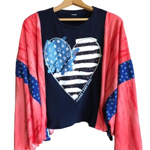 Upcycled plus size patriotic poncho t-shirt, oversized large through 4X, 4th of July outfit, handmade cropped tunic, OOAK kimono top TSUP