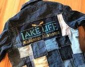 Upcycled jacket Ladies large denim patchwork handmade, lake life theme Sashiko stitching embellished casual spring, Lakeside Lily Shop