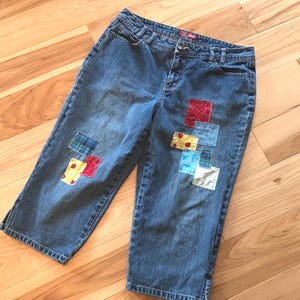 Upcycled Patchwork Capris Jeans Missy Size 14: Handmade Summer Picnic Theme Patches PWCP