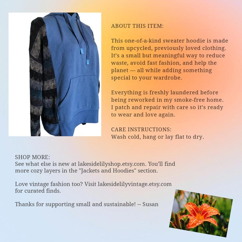 May include: A blue hooded sweatshirt featuring a front kangaroo pocket and matching drawstrings. The sleeves are constructed from a dark grey and black patterned fabric, contrasting with the solid blue body of the garment.