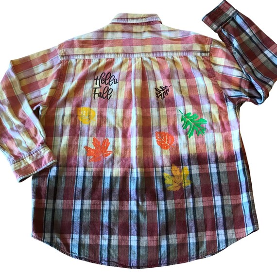 Bleached flannel fall shirt size men's 2XL, upcycled designer plus size autumn shirt for women, plaid comfort colors BPWA