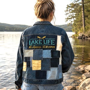 Upcycled Denim Patch Jacket, Women's Large: Lake Life Theme Patchwork Jean Coat LSJV
