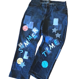 Patchwork Denim Capri Pants, Size 14 Short: Upcycled Cropped Jeans PWCP