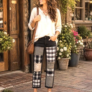 May include: A long-sleeve cream-colored henley shirt paired with black denim jeans featuring patchwork panels of grey fabric and black and white plaid patterns. The outfit includes a brown leather crossbody bag with fringe and white sneakers.