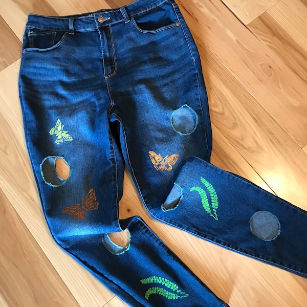 Destroyed ripped jeans with cutouts, high-waisted cut out distressed painted jeans butterfly trending funky pants upcycled reworked gift for