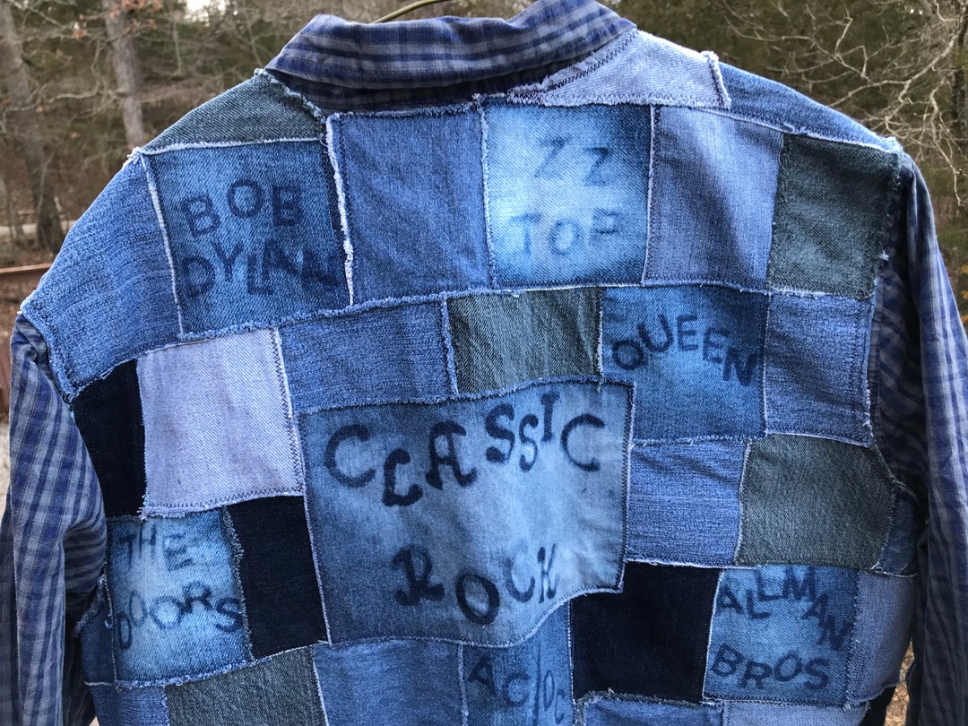 Patchwork Jean Jacket Classic Rock Men's Size XL, Unisex Distressed Upcycled Patched Embellished