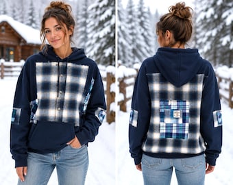 Grunge patchwork hoodie XL, upcycled extra heavy sweatshirt, navy tan white plaid patches, raw edges, cozy oversized campus style hoodie PWH