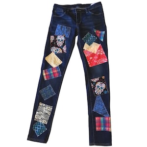Patchwork Jeans Teen 14R: Girl's Upcycled Floral Skull Design Hippie Pants