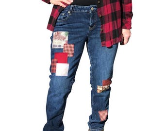 Upcycled Patch Jeans, 14 Junior: Handmade Wine Theme Patchwork Boho Hippie Pants PLPJ