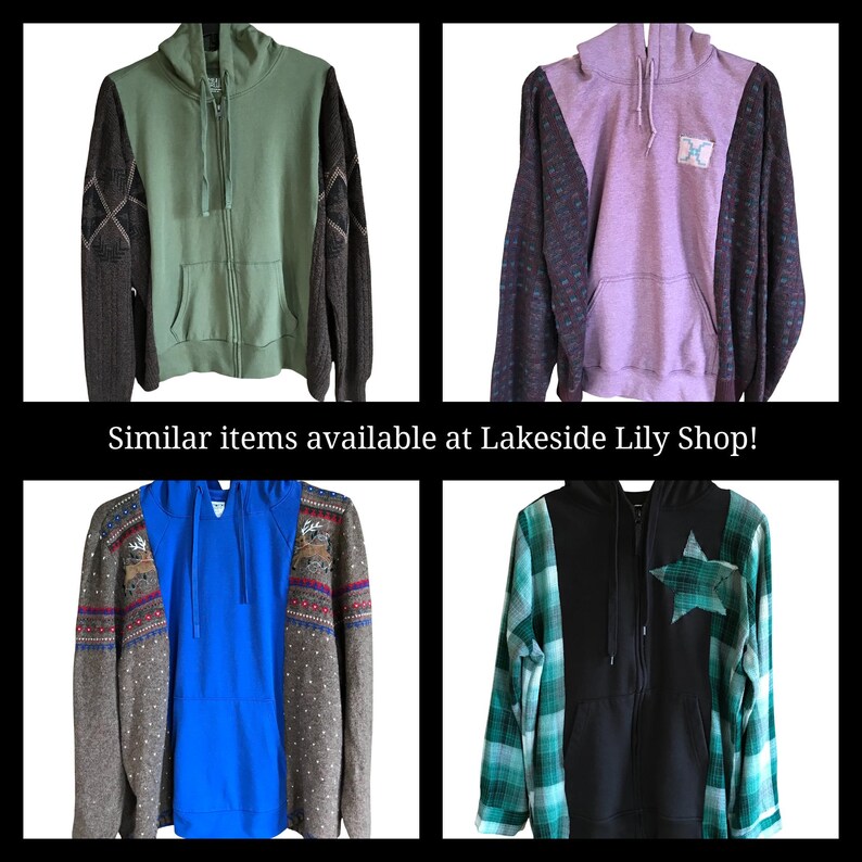 May include: Four zip-up hoodies. Top left: olive green with dark brown patterned sleeves. Top right: lavender with dark patterned sleeves and a small patch. Bottom left: bright blue with brown patterned sleeves. Bottom right: black with green plaid sleeves and a star patch.