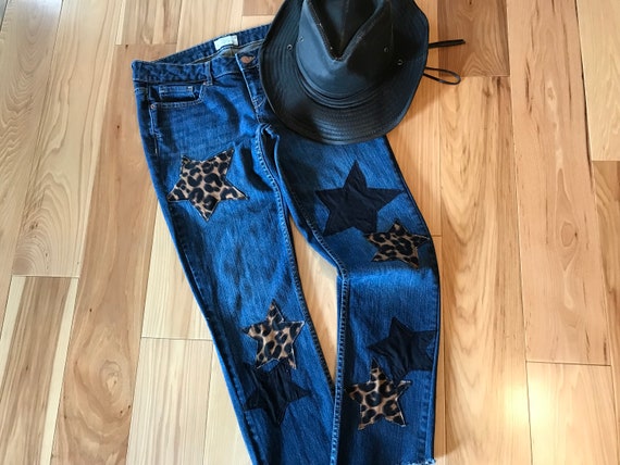 Reworked Star Patch Jeans Junior Size 5 6 Upcycled Leopard Print