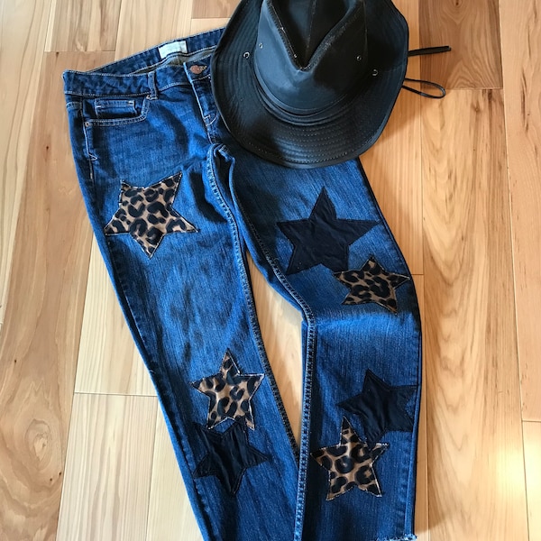 Reworked star patch jeans junior size 5-6, upcycled leopard print patchwork denim cropped jeans, back to school college fall Christmas gift