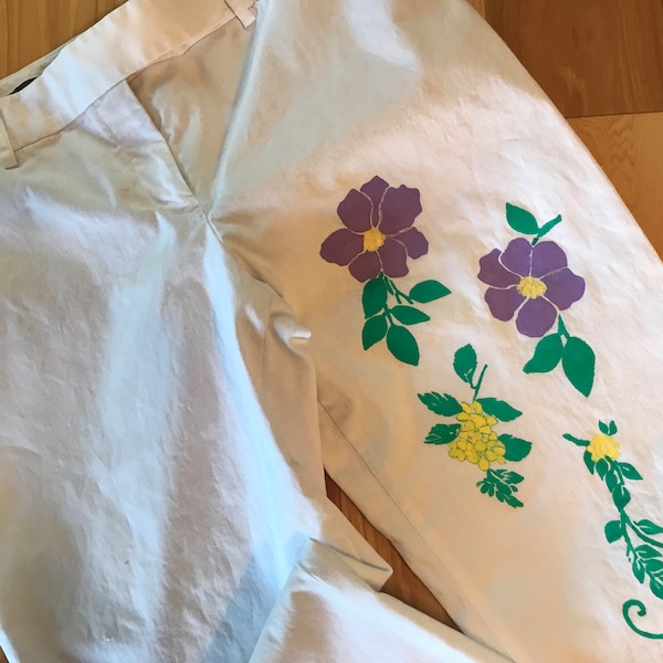 White pants painted flowers Express size 10 regular, upcycled handmade purple and yellow flowers, funky hippie boho flared pants gift for