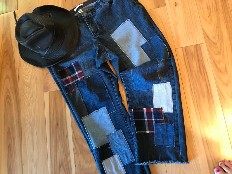 Reworked Denim Flannel Plaid Patch Jeans Size 16 Upcycled Etsy