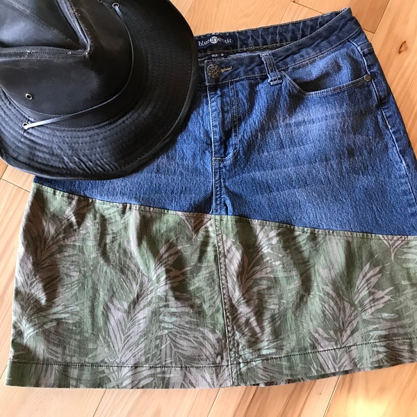 Reworked denim short skirt size 10, upcycled A-line designer festival fall jean boho hippie, sustainable back to school college gift for her