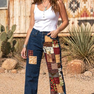 Upcycled Southwest Patchwork Jeans, Women’s 12P: Handmade Aztec Tribal Native Patches SWPJ
