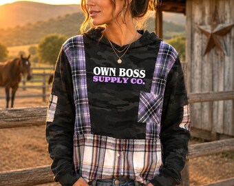 Patchwork Camo Hoodie, Size Medium/Large: Upcycled Grunge Streetwear with Violet Plaid PWH