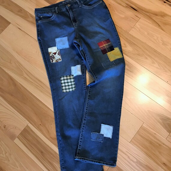 Jeans with shop plaid patches
