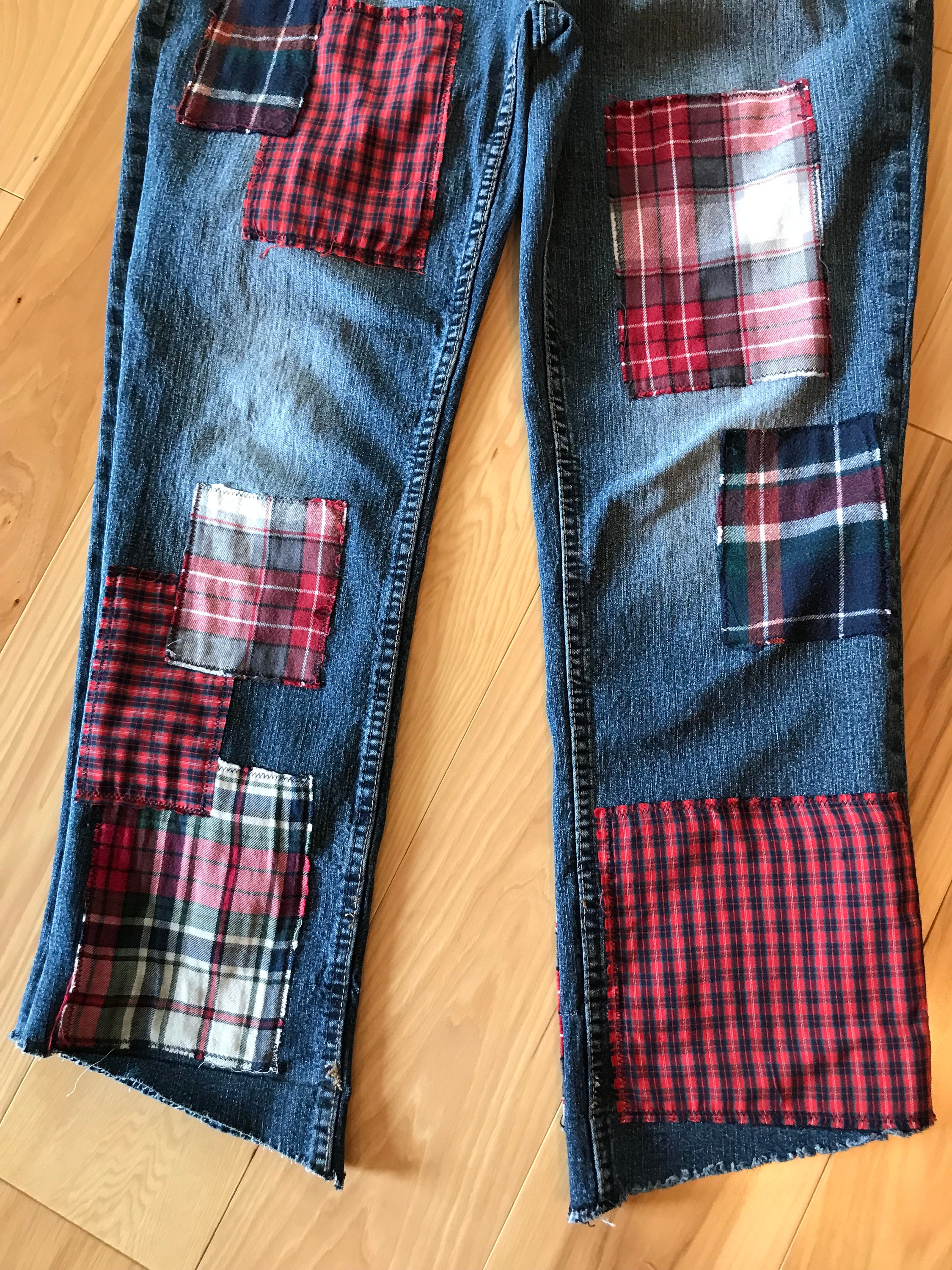 Reworked Plaid Flannel Patch Jeans Size 10, Upcycled Frayed Hem 