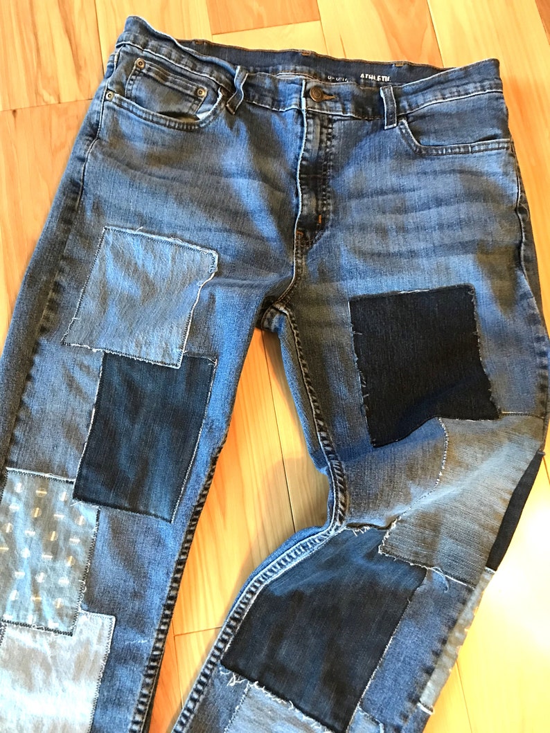 Men's Patch Jeans Size 36 X 30, Upcycled Handmade Denim Patchwork, Raggy Frayed Edges, Trendy
