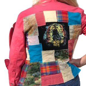 Upcycled Coral Patchwork Jacket, Size Small: Handcrafted Boho Tattered Tiger Patch Blazer FBJ