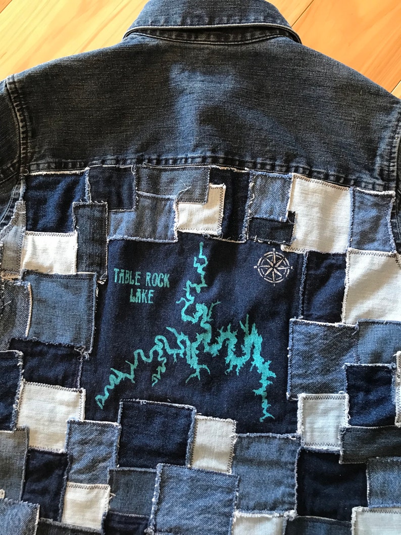 Patchwork Jean Jacket Women's Medium Upcycled, Table Rock Lake Theme With Handmade Denim Patches