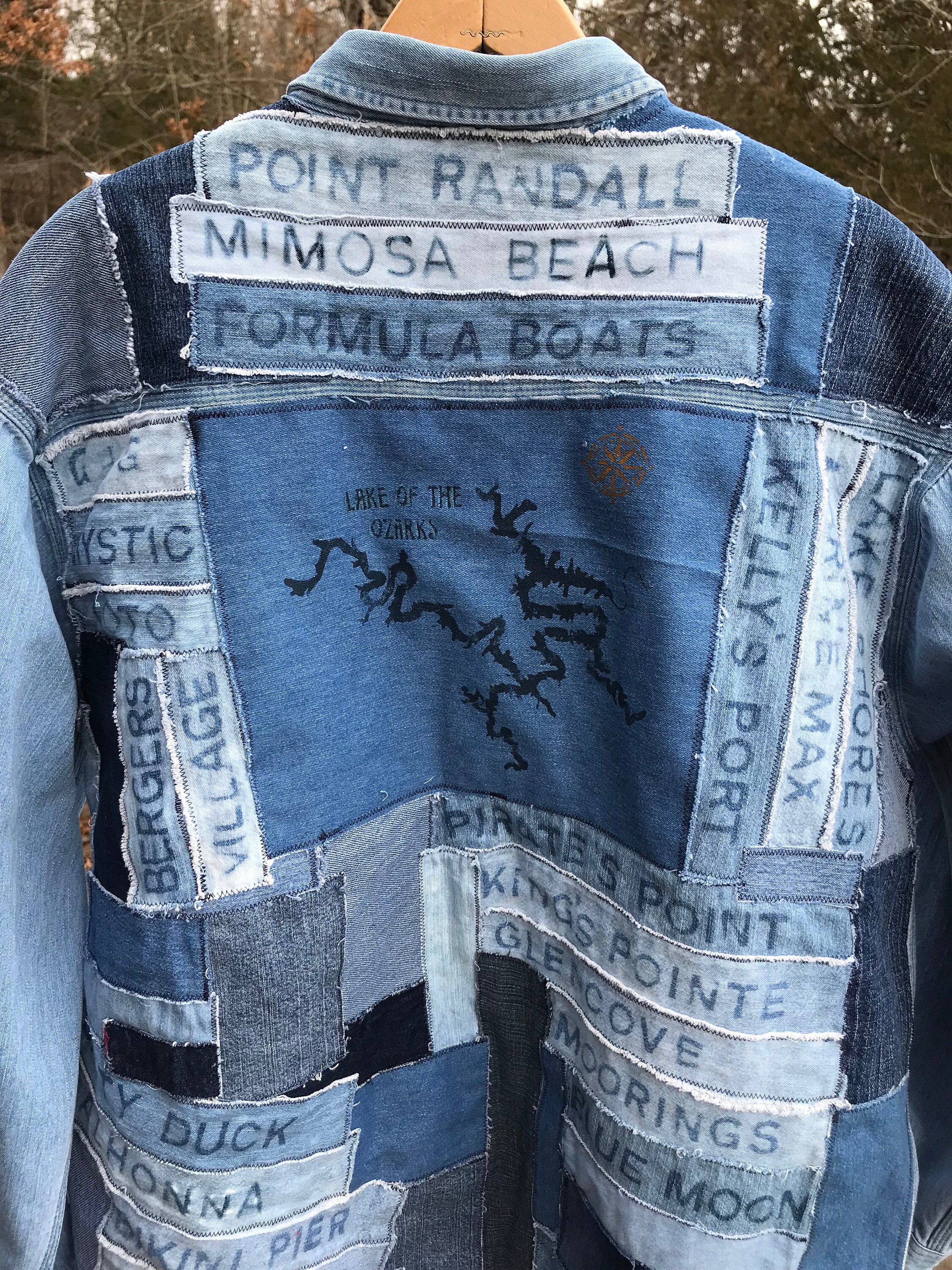 Patchwork Denim Jacket Men's Size XL With Lake of the Ozarks Patchwork Denim Jacket Men's Size XL With Lake of the Ozarks