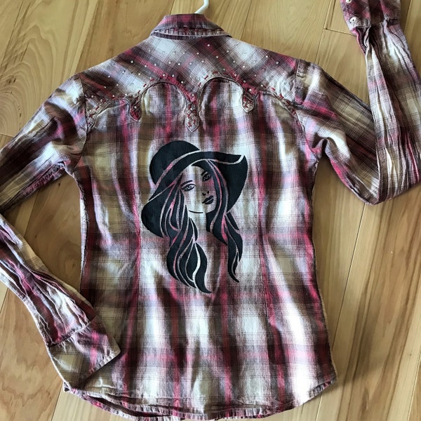 Teen plaid shirt size small, upcycled designer painted hat lady portrait back to school college fall winter outfit Christmas gift for her