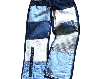 Denim patchwork jeans size 12-14, blue on blue raw edge jeans, upcycled grunge hippie pants, edgy streetwear, eco tattered denim BPJ