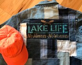 Denim jacket Juniors XL upcycled handmade patchwork, Lake Life casual spring embellished remake tattered distressed, Lakeside Lily Shop