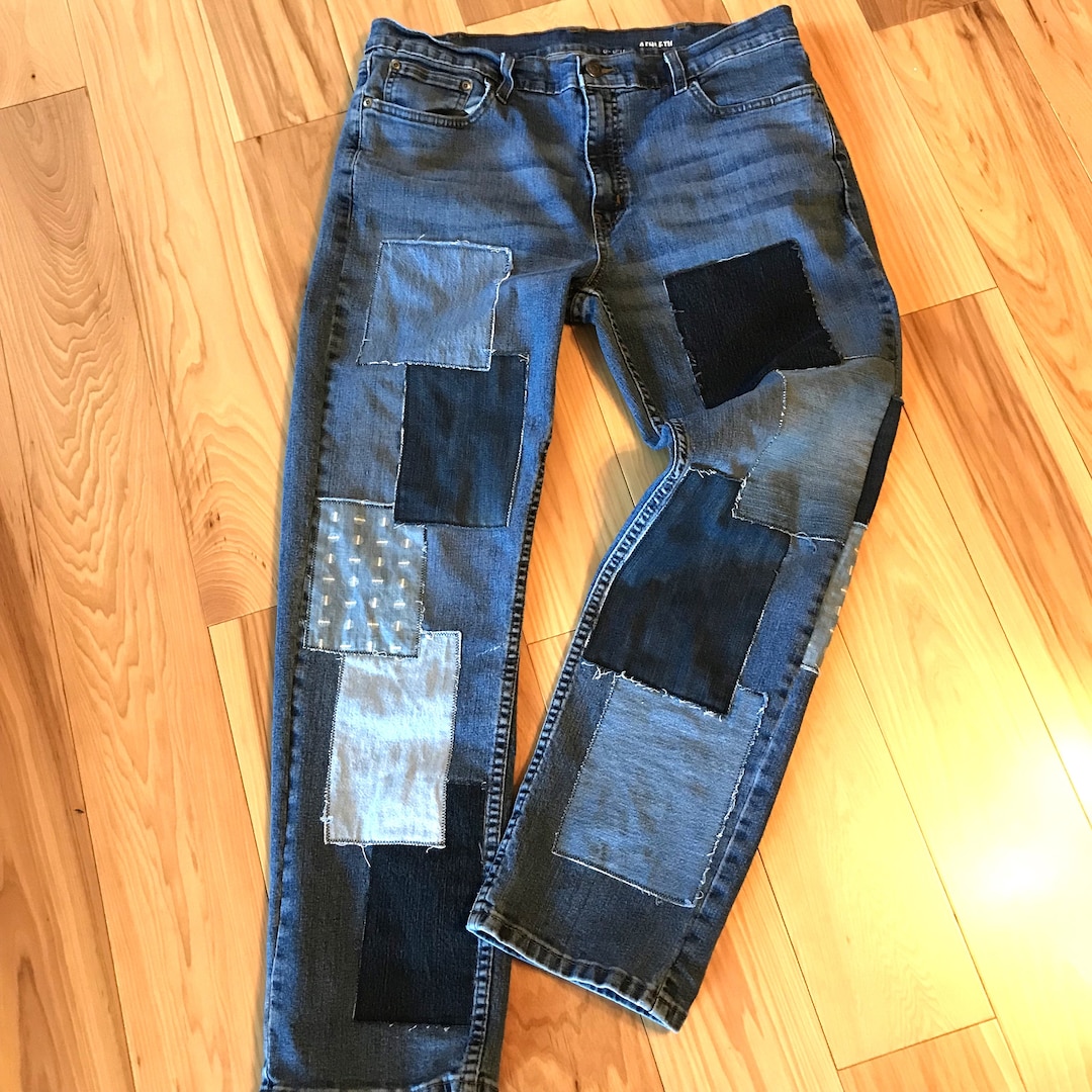 Men's Patch Jeans Size 36 X 30, Upcycled Handmade Denim Patchwork