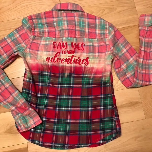 Upcycled bleached flannel junior size shirt, handmade painted inspirational red plaid distressed shirt sustainable clothing gift for her