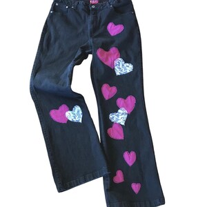 Upcycled Patchwork Jeans, Size 14: Handmade Magenta and Lace Patches, Black Denim HTPJ