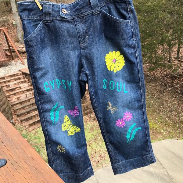 Upcycled jeans women's size 12 Boho hippie embellished denim capris decorative painted spring handmade clothing Mother's Day gift for her