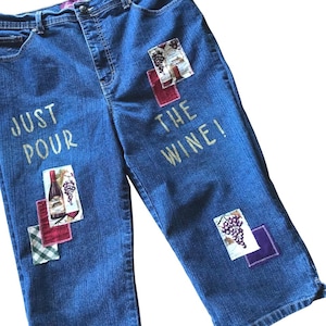 Patchwork Denim Capris Shorts, Size 14: Upcycled Hand Painted Wine Theme Patch Jeans PWCP