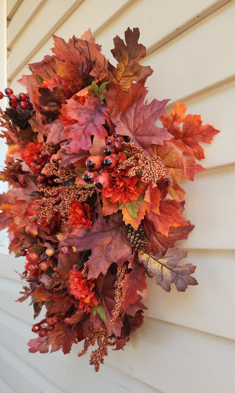 Dark Rusty Red Oak and Maple Leaf Front Door Fall Wreath With Mums and ...